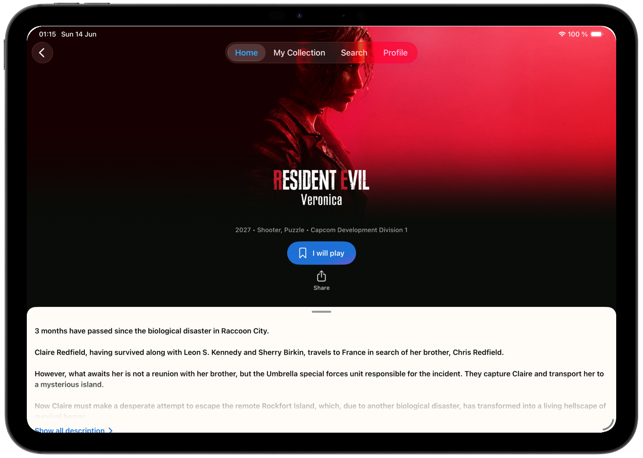 Екран с детайли за игра Resident Evil в Yoshi на iPad