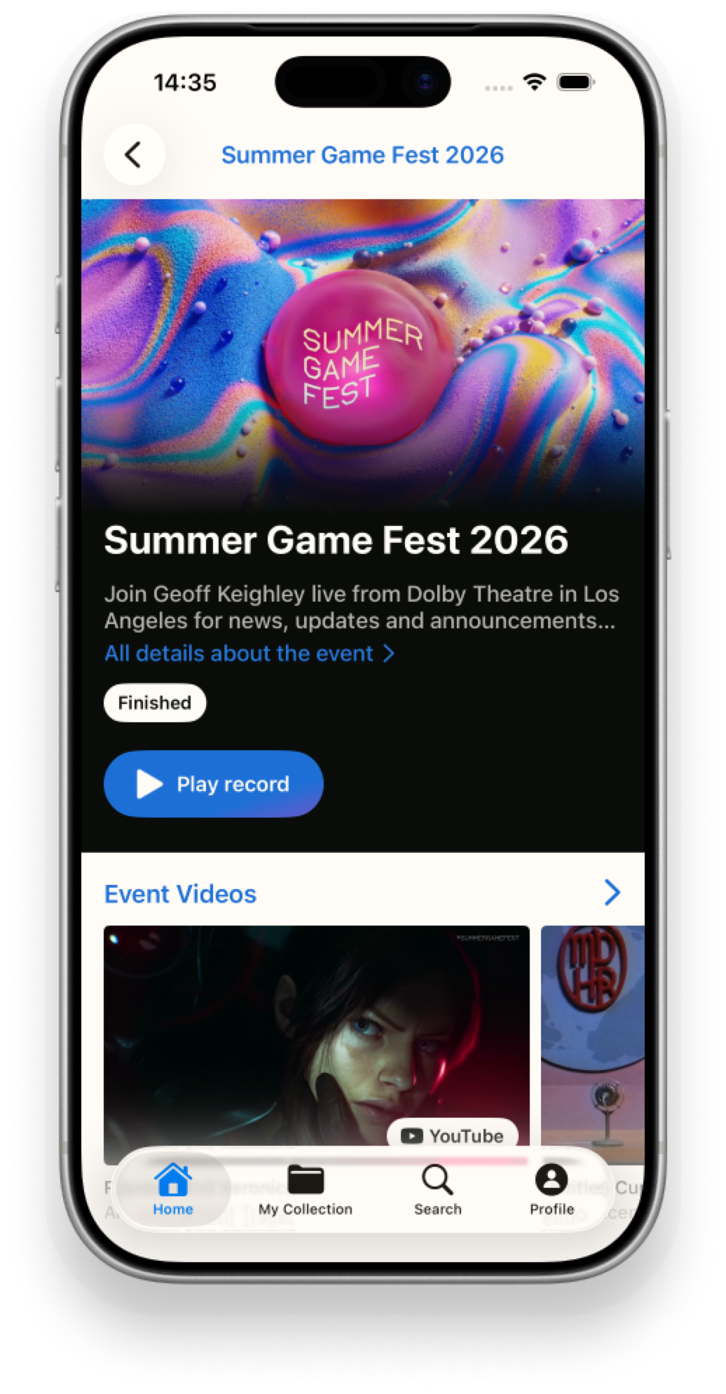 Екран със събития в Yoshi, показващ Summer Game Fest на iPhone